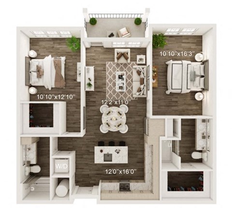 Floor plan for 2 beds, 2 baths, 1131 sqft